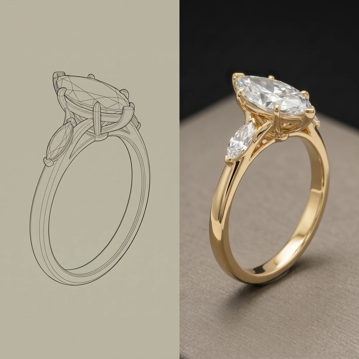 Side-by-side illustration of a marquise diamond engagement ring as a line drawing and a finished yellow gold design