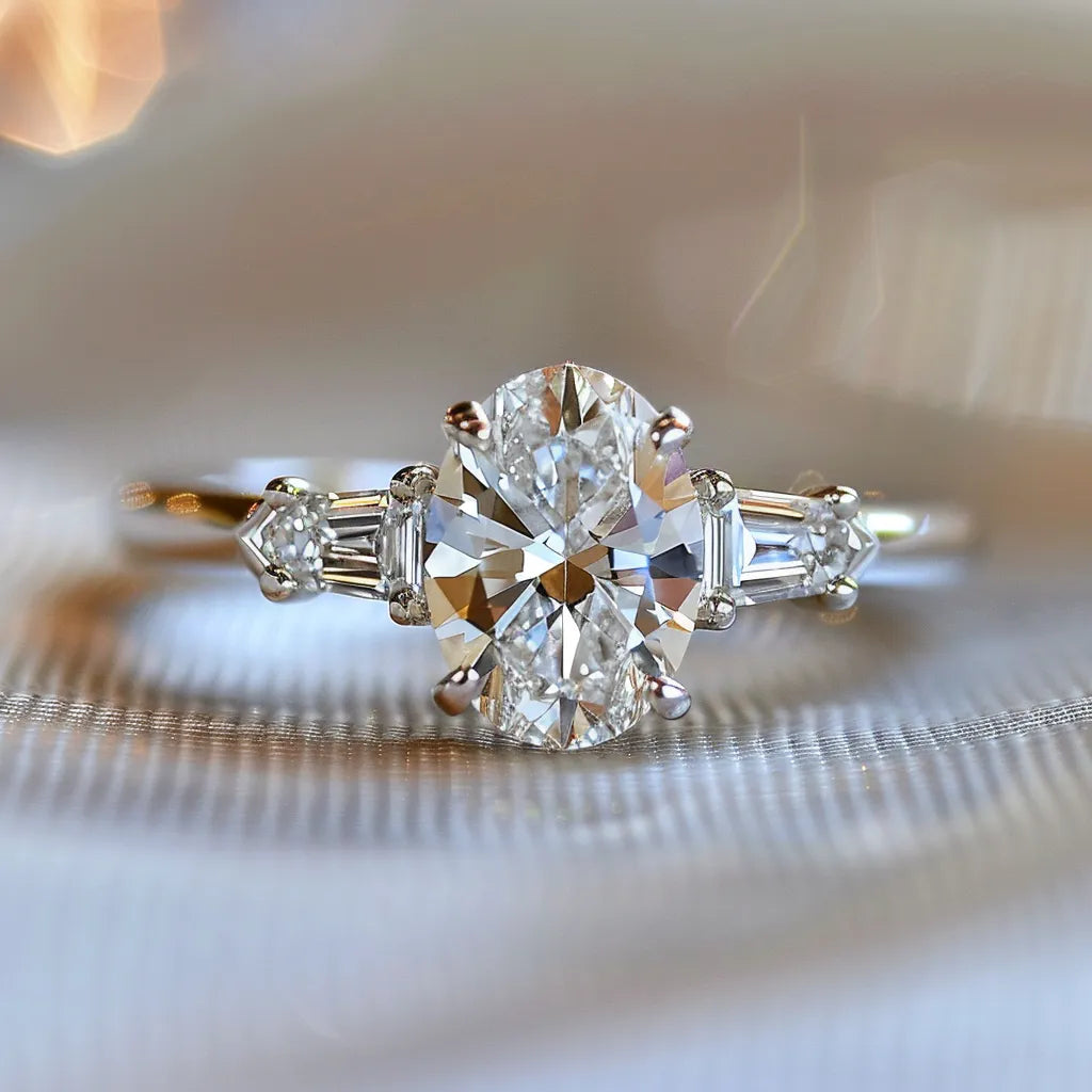 Custom-designed engagement ring featuring a stunning oval diamond flanked by two baguette diamonds, crafted by Rudix Jewellery in Hamilton, Ontario.