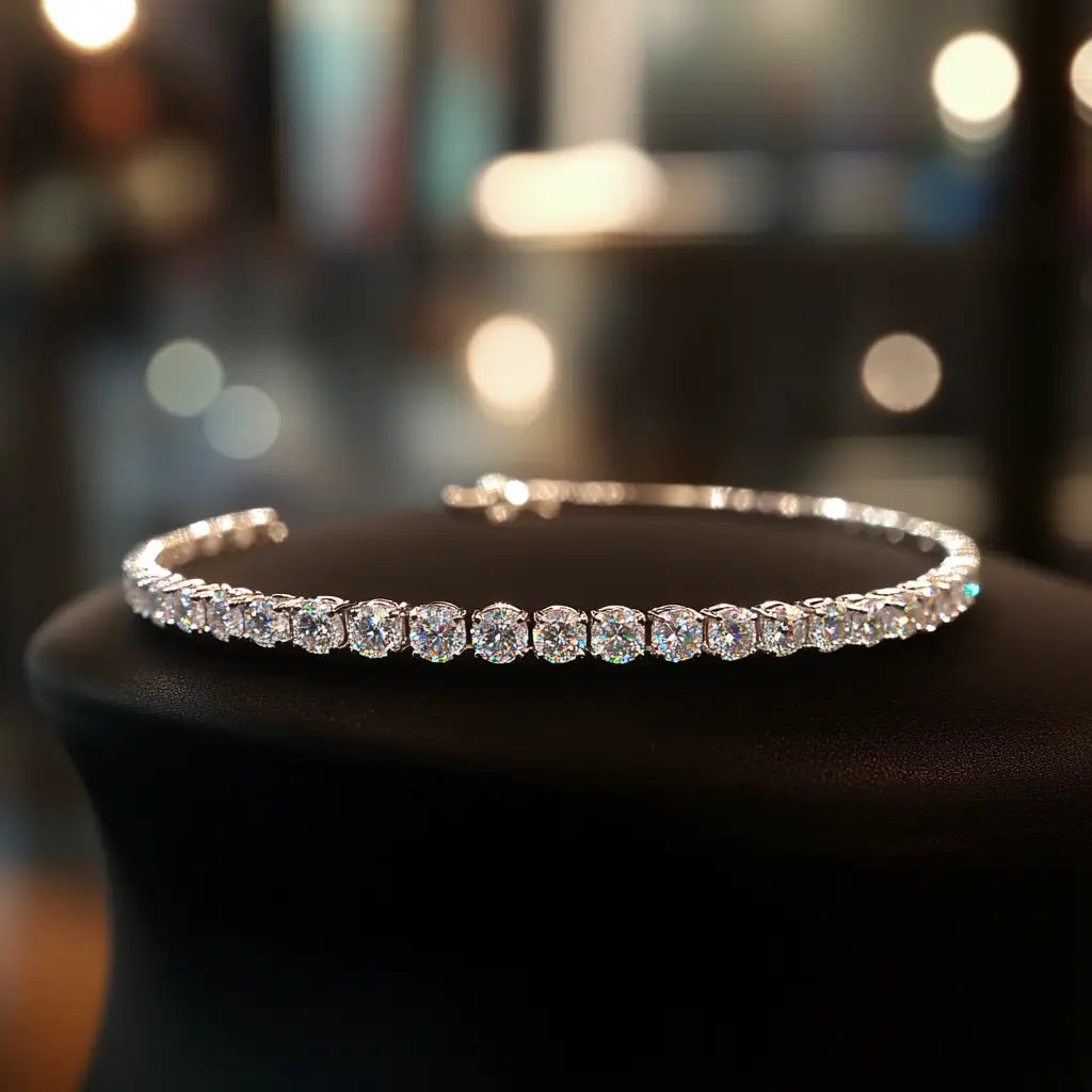 Elegant diamond tennis bracelet on display.