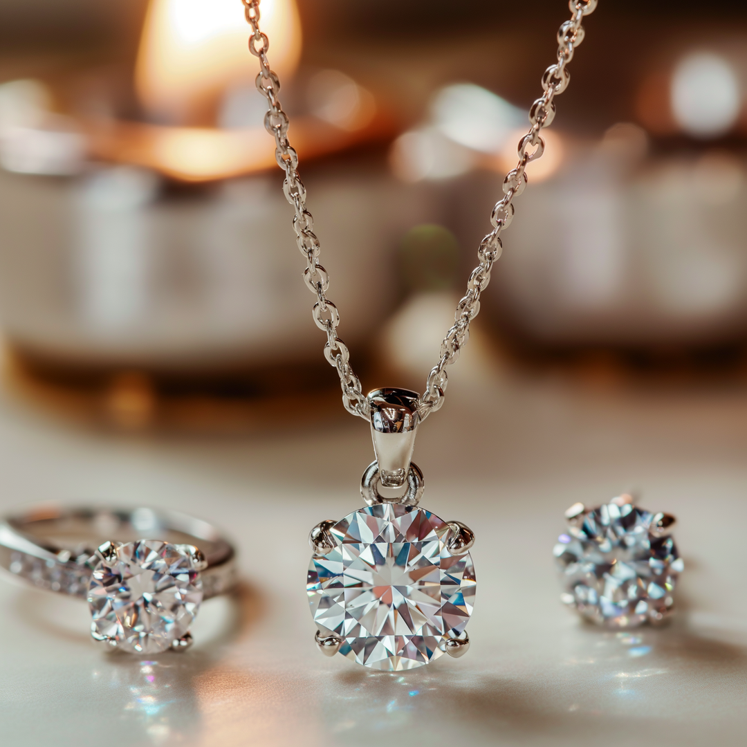 A close-up shot of a diamond necklace, ring, and earrings, showcasing their sparkling brilliance against a soft, blurred background with lit candles.