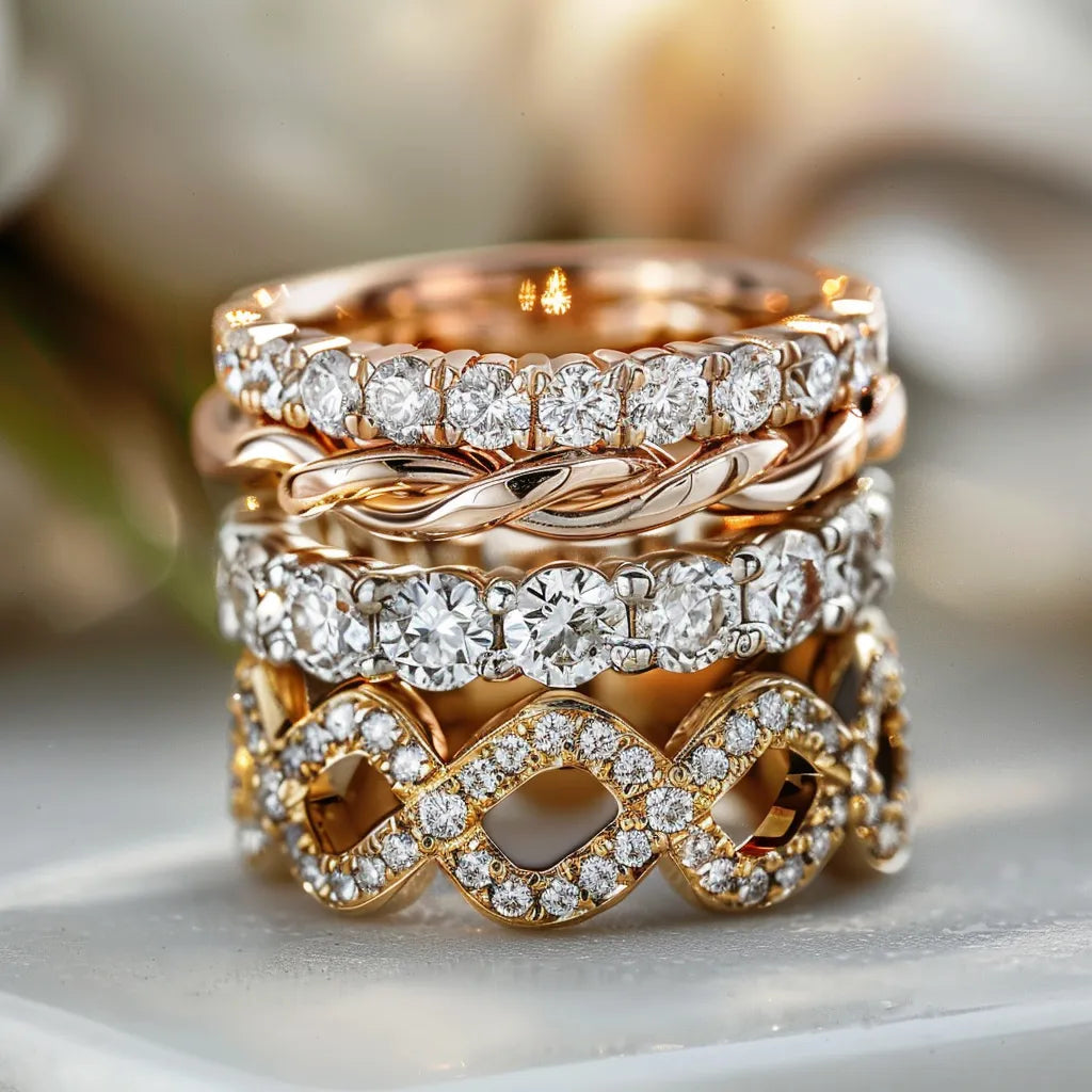 A stack of elegant eternity bands featuring diamonds and intricate designs in gold and platinum settings.