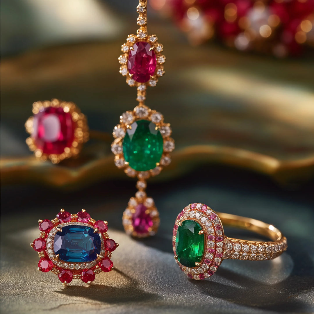 A collection of elegant gemstone jewellery featuring vibrant rubies, emeralds, and sapphires set in intricately designed gold rings and a dangling necklace. The pieces are adorned with sparkling diamonds, highlighting their luxurious appeal.