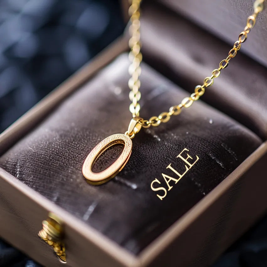 A close-up of a gold necklace with an oval pendant, displayed in a velvet jewelry box with the word "SALE" prominently visible.