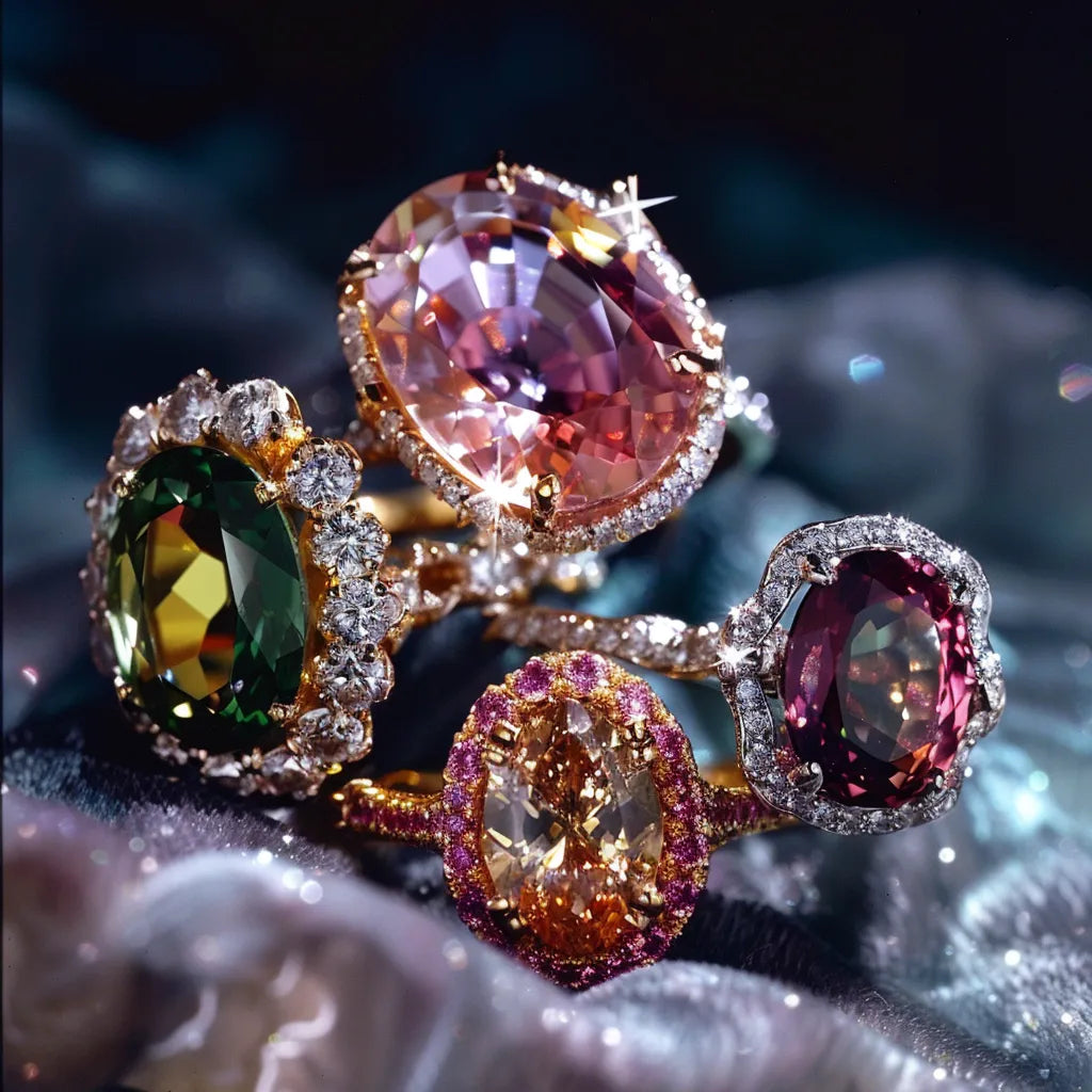 A collection of exquisite gemstone rings featuring vibrant sapphires, emeralds, and other precious stones, set in intricate designs and surrounded by sparkling diamonds.