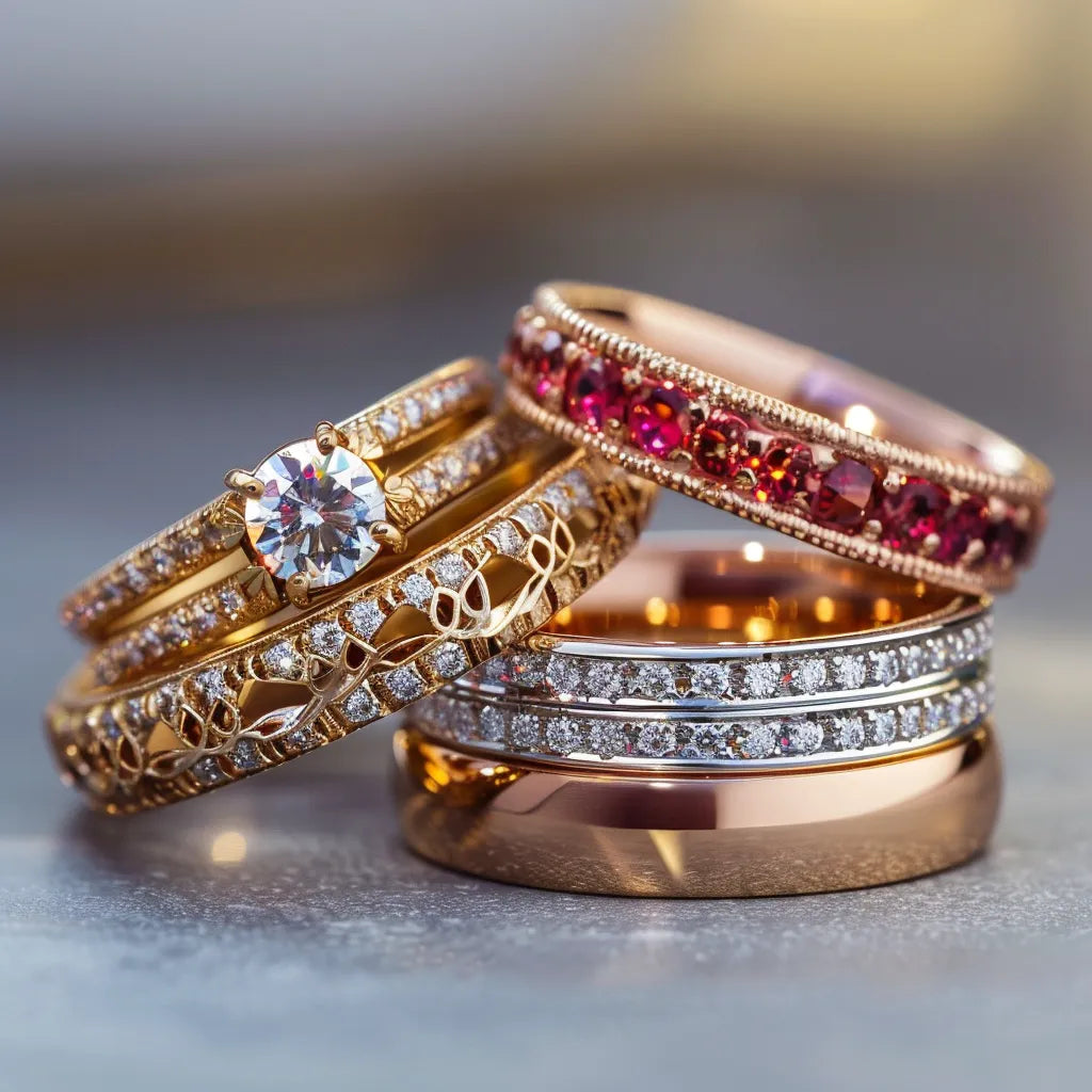A collection of elegant rings featuring intricate designs, diamonds, and vibrant gemstones, crafted from premium metals.