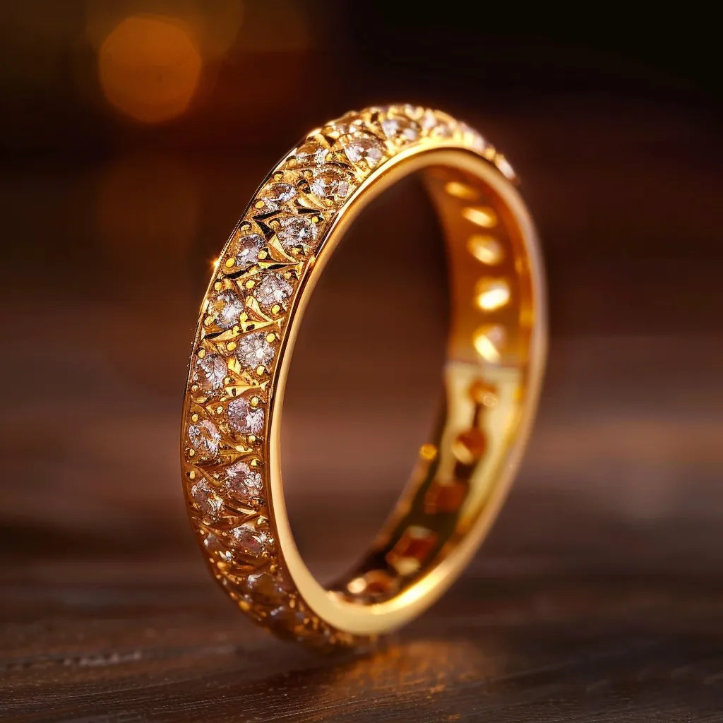 A stunning gold ring encrusted with sparkling diamonds, featuring intricate detailing along the band. The ring is elegantly showcased against a warm, softly lit background.