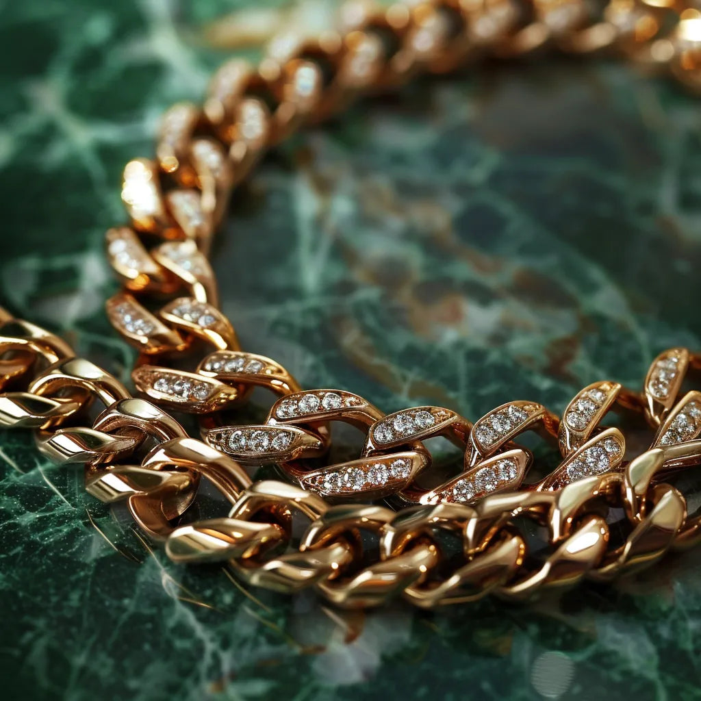 Close-up of a luxurious gold bracelet with diamond accents, beautifully arranged on a green marble surface. The intricate details and sparkling diamonds highlight the craftsmanship and elegance of the jewelry piece.