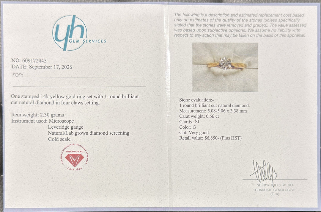 0.56 Ct Round Natural Diamond Solitaire Engagement Ring in 14K Yellow Gold — Appraisal certificate
