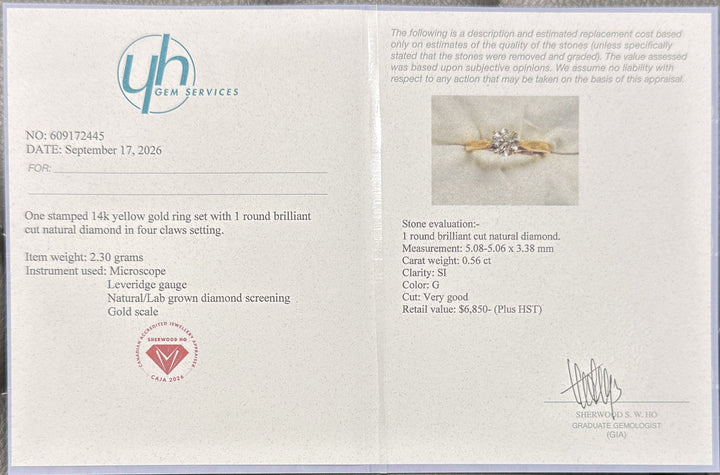 0.56 Ct Round Natural Diamond Solitaire Engagement Ring in 14K Yellow Gold — Appraisal certificate