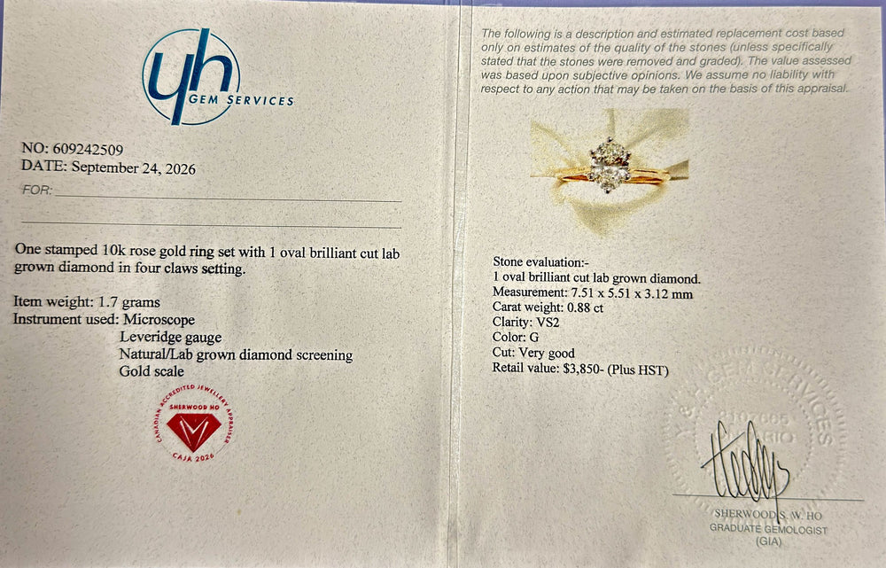 0.88 Ct Oval Lab-Grown Diamond Solitaire Engagement Ring in 10K Rose Gold — Appraisal certificate (yh GEM SERVICES #609242509)