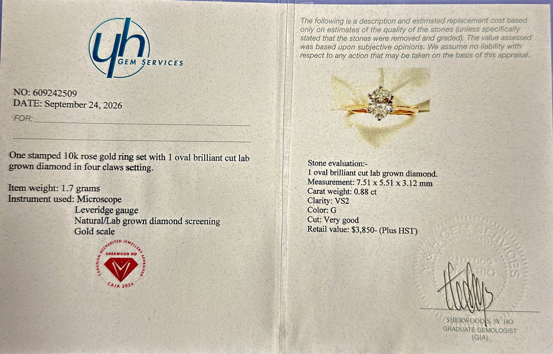 0.88 Ct Oval Lab-Grown Diamond Solitaire Engagement Ring in 10K Rose Gold — Appraisal certificate (yh GEM SERVICES #609242509)