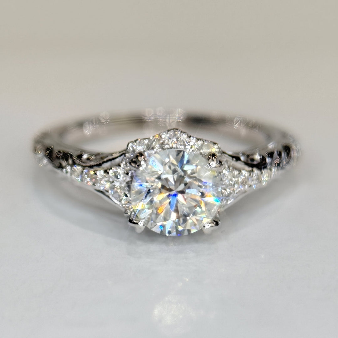0.92 Ct Round Natural Diamond Halo Engagement Ring in 14K White Gold