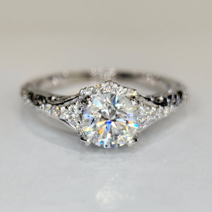 0.92 Ct Round Natural Diamond Halo Engagement Ring in 14K White Gold