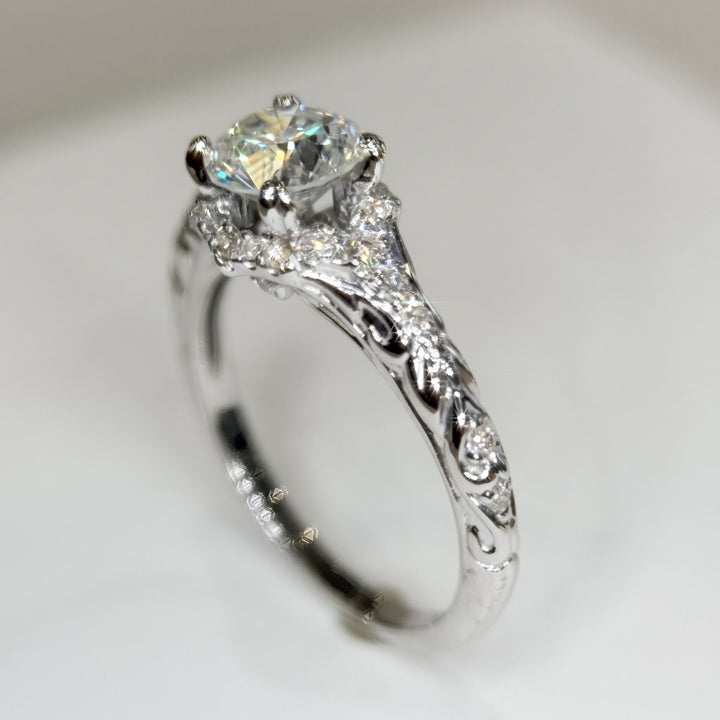 0.92 Ct Round Natural Diamond Halo Engagement Ring in 14K White Gold — View 2
