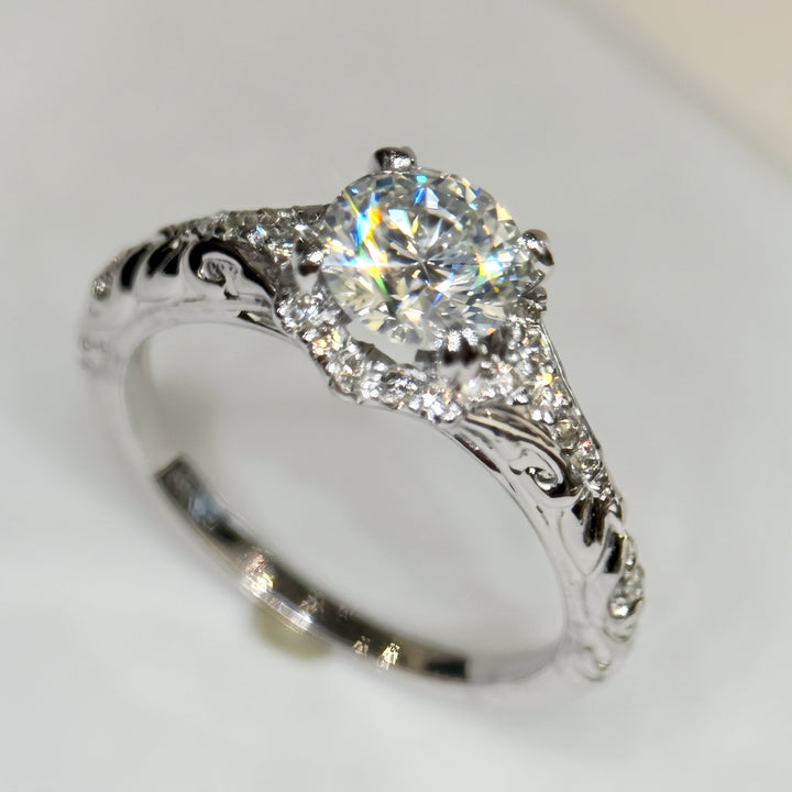 0.92 Ct Round Natural Diamond Halo Engagement Ring in 14K White Gold — View 3