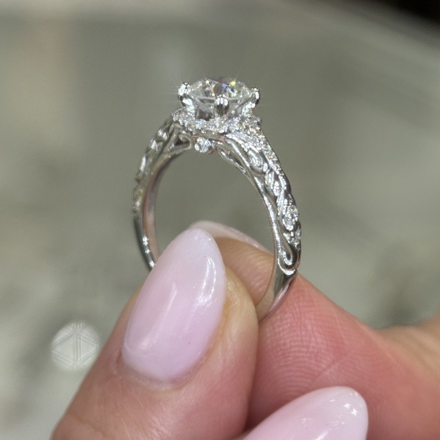 0.92 Ct Round Natural Diamond Halo Engagement Ring in 14K White Gold — View 8