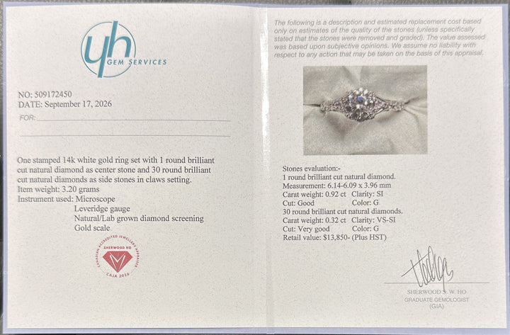 0.92 Ct Round Natural Diamond Halo Engagement Ring in 14K White Gold — Appraisal certificate