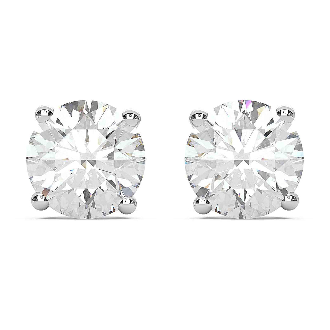 Close-up of 1.2 carat total round lab-grown diamond stud earrings in a four-prong basket setting.