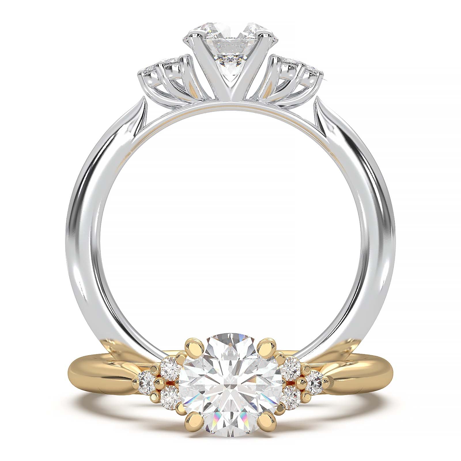 Round lab-grown diamond cluster engagement ring with a low-profile setting and accent diamonds.