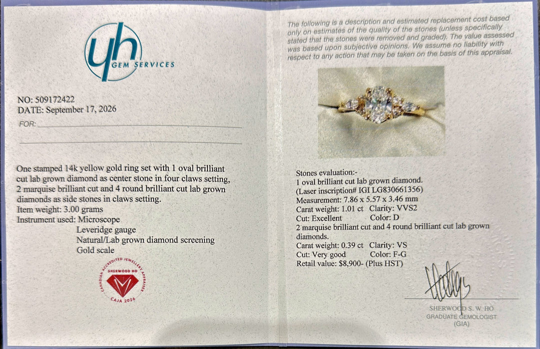 1.01 Ct Oval Lab-Grown Diamond Side-Stone Engagement Ring in 14K Yellow Gold — D/VVS2 IGI Certified — Appraisal certificate