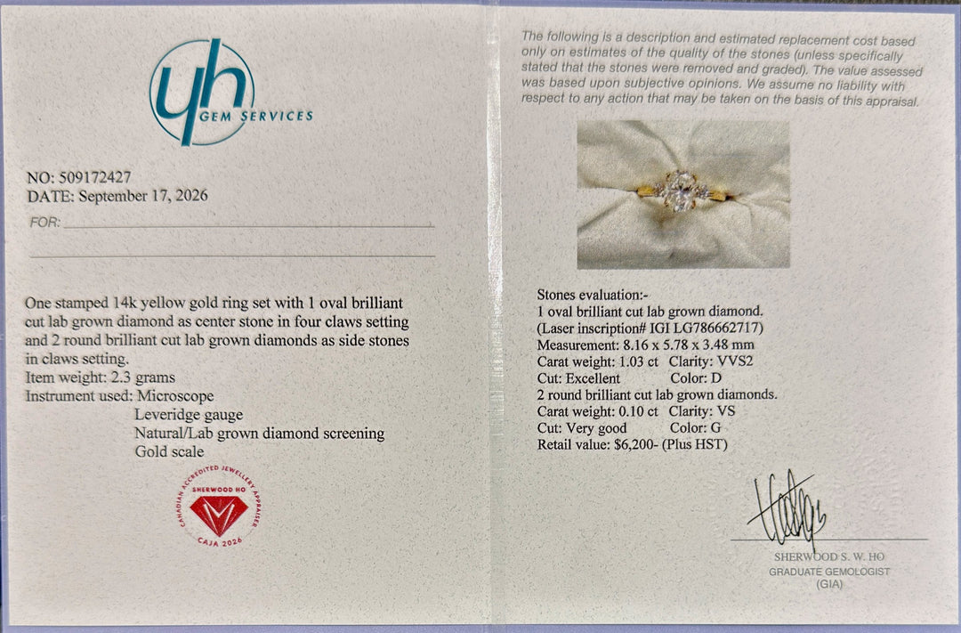 1.03 Ct Oval Lab-Grown Diamond Three-Stone Engagement Ring in 14K Yellow Gold — D/VVS2 IGI Certified — Appraisal certificate