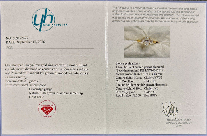 1.03 Ct Oval Lab-Grown Diamond Three-Stone Engagement Ring in 14K Yellow Gold — D/VVS2 IGI Certified — Appraisal certificate