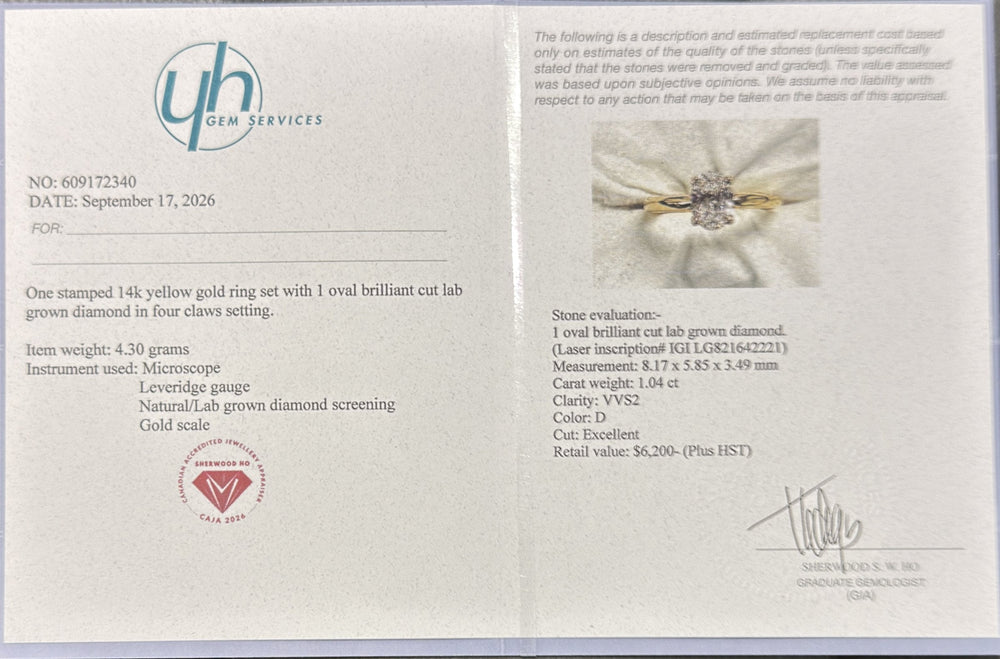1.04 Ct Oval Lab-Grown Diamond Solitaire Engagement Ring in 14K Yellow Gold — D/VVS2 IGI Certified — Appraisal certificate