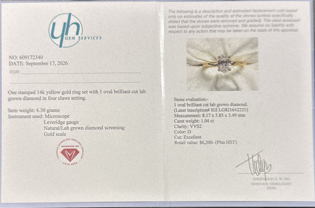 1.04 Ct Oval Lab-Grown Diamond Solitaire Engagement Ring in 14K Yellow Gold — D/VVS2 IGI Certified — Appraisal certificate