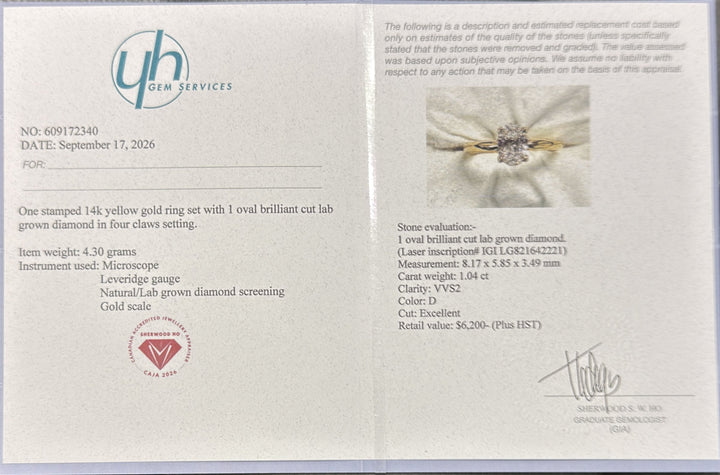 1.04 Ct Oval Lab-Grown Diamond Solitaire Engagement Ring in 14K Yellow Gold — D/VVS2 IGI Certified — Appraisal certificate