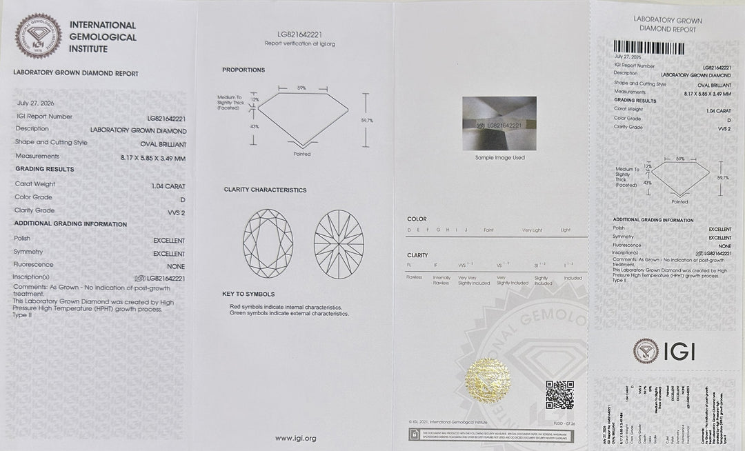 1.04 Ct Oval Lab-Grown Diamond Solitaire Engagement Ring in 14K Yellow Gold — D/VVS2 IGI Certified — IGI certificate