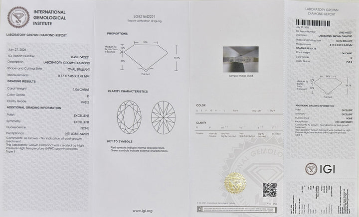 1.04 Ct Oval Lab-Grown Diamond Solitaire Engagement Ring in 14K Yellow Gold — D/VVS2 IGI Certified — IGI certificate