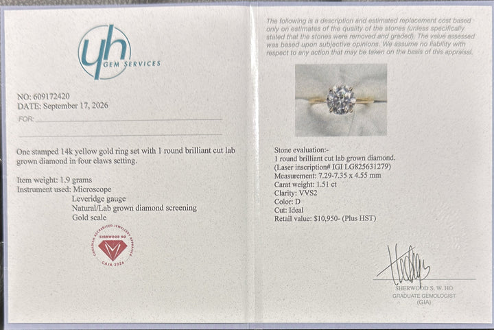 1.51 Ct Round Lab-Grown Diamond Solitaire Engagement Ring in 14K Yellow Gold — D/VVS2 IGI Certified — Appraisal certificate