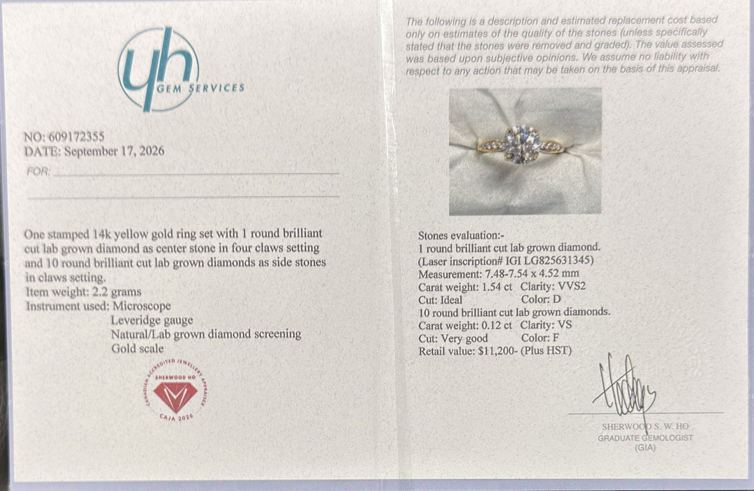 1.54 Ct Round Lab-Grown Diamond Side-Stone Engagement Ring in 14K Yellow Gold — D/VVS2 IGI Certified — Appraisal certificate
