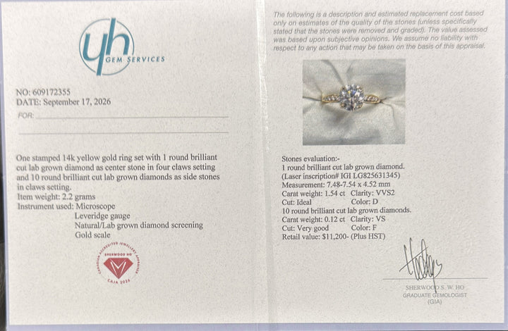 1.54 Ct Round Lab-Grown Diamond Side-Stone Engagement Ring in 14K Yellow Gold — D/VVS2 IGI Certified — Appraisal certificate