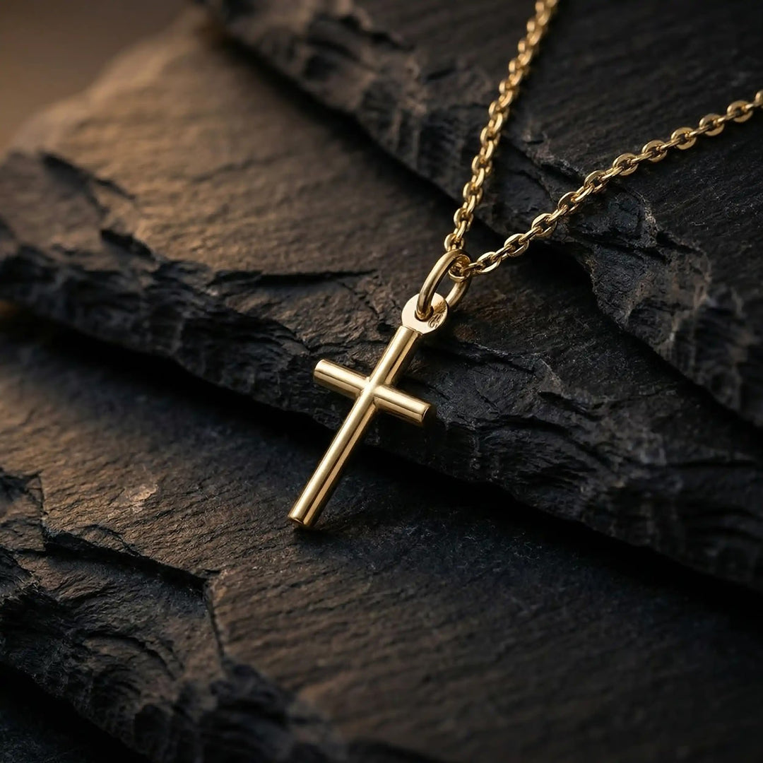 Tubular Latin Yellow Gold Cross Pendant on stone