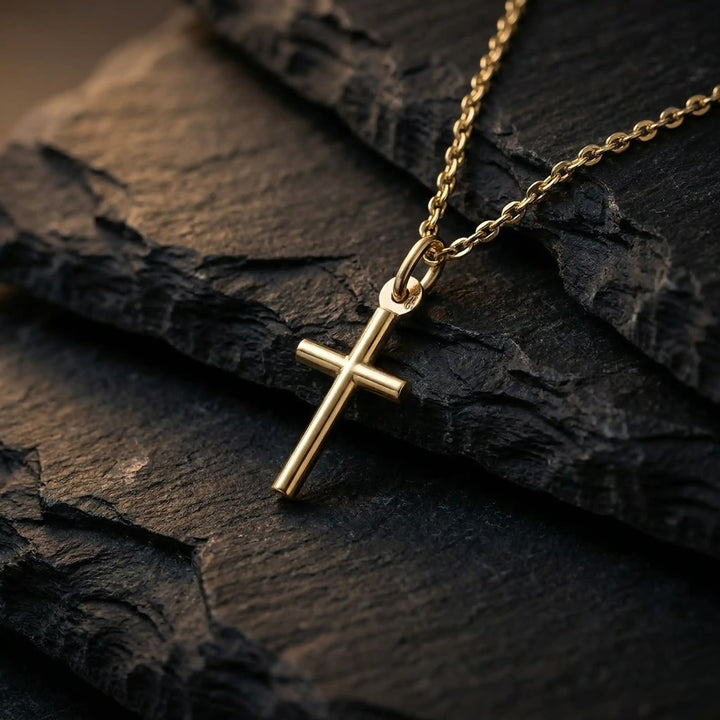 Tubular Latin Yellow Gold Cross Pendant on stone
