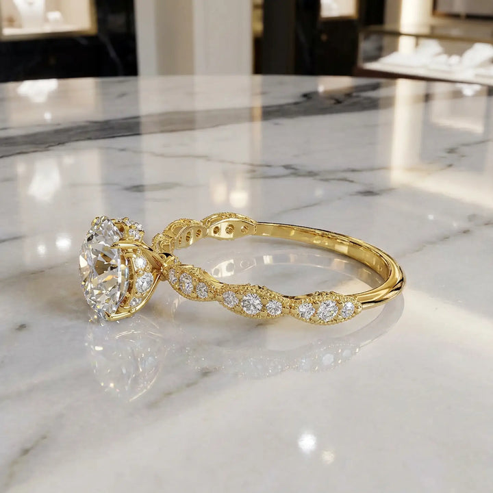 Elegant Round Lab-Grown Diamond Engagement Ring in Scalloped Band