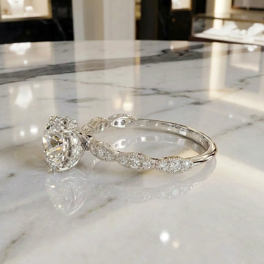 Elegant Round Lab-Grown Diamond Engagement Ring in Scalloped Band