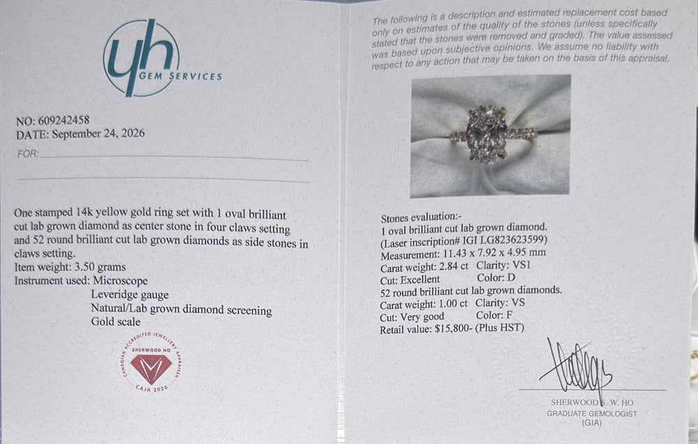 2.84 Ct Oval Lab-Grown Diamond Hidden Halo Pavé Engagement Ring in 14K Yellow Gold — D/VS1 IGI Certified — Appraisal certificate