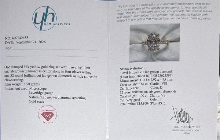 2.84 Ct Oval Lab-Grown Diamond Hidden Halo Pavé Engagement Ring in 14K Yellow Gold — D/VS1 IGI Certified — Appraisal certificate