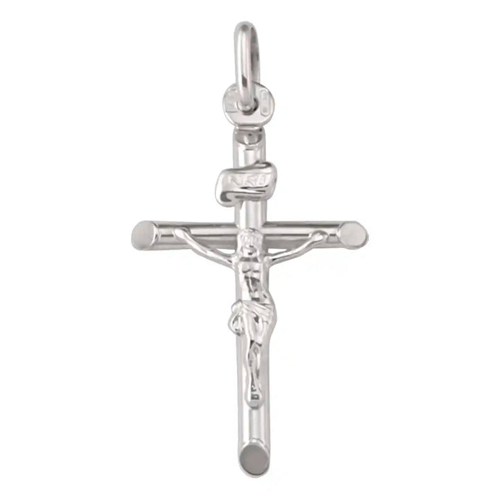 Latin Crucifix White Gold Cross Pendant on white background
