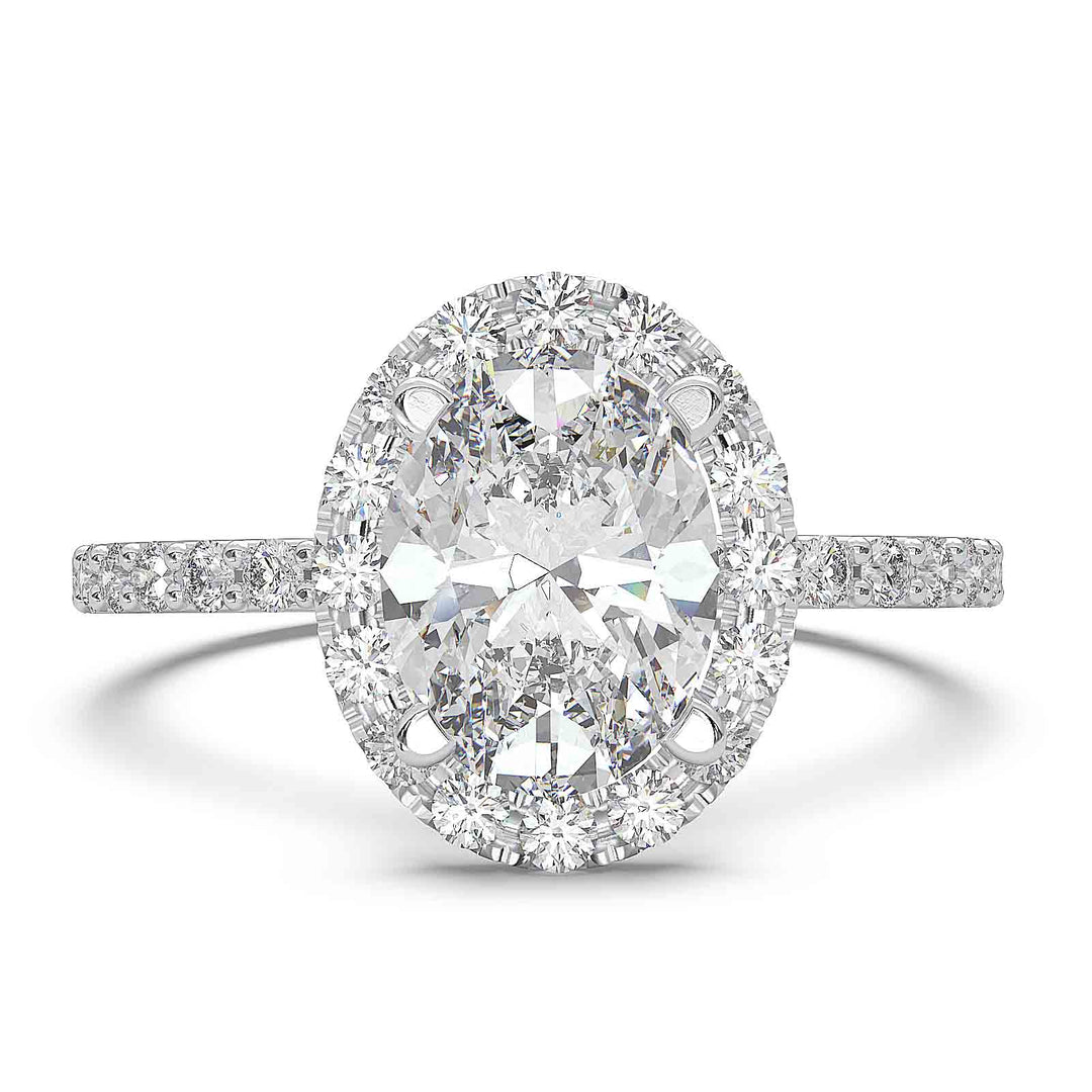 Oval diamond halo engagement ring with pavé diamond band and custom prong setting.