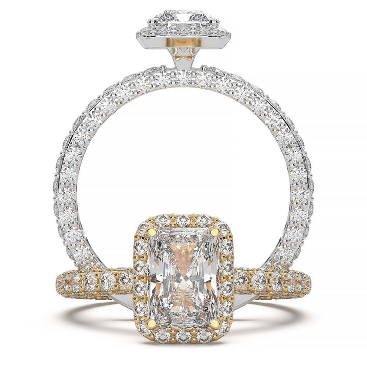 A 1.2-carat radiant-cut lab-grown diamond halo ring featuring a halo and triple row diamond band