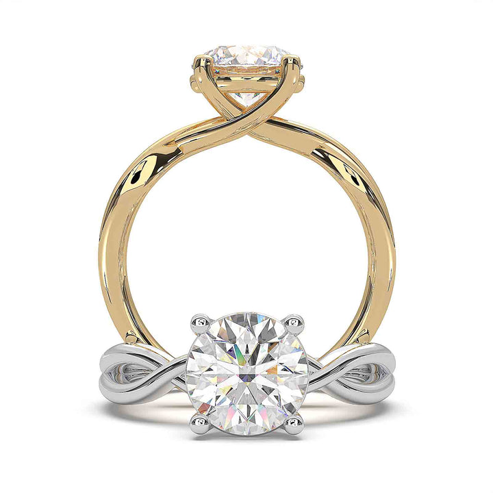 1.5-carat round diamond infinity twist engagement ring with low-profile setting.