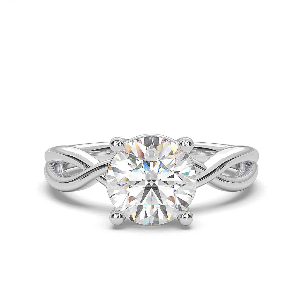 1.5-carat round diamond infinity twist engagement ring with low-profile setting.