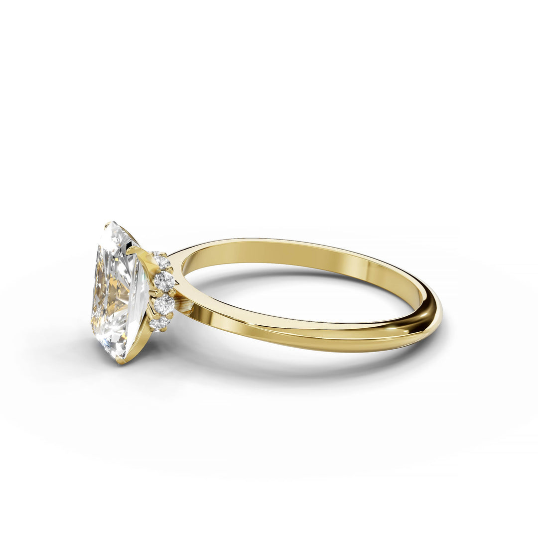 Radiant diamond engagement ring, hidden halo, custom design, yellow gold.