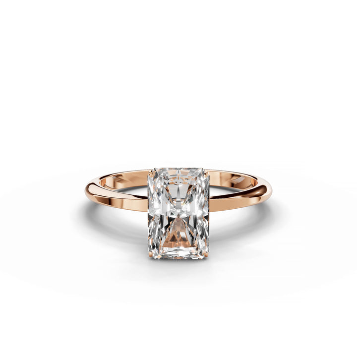 Radiant diamond engagement ring, hidden halo, custom design, rose gold.