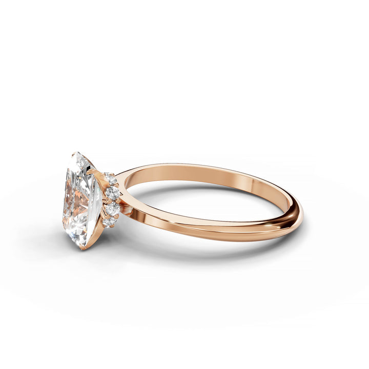 Radiant diamond engagement ring, hidden halo, custom design, rose gold.