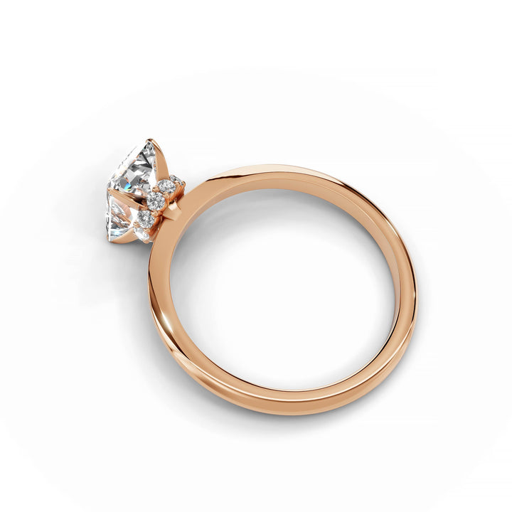 Radiant diamond engagement ring, hidden halo, custom design, rose gold.