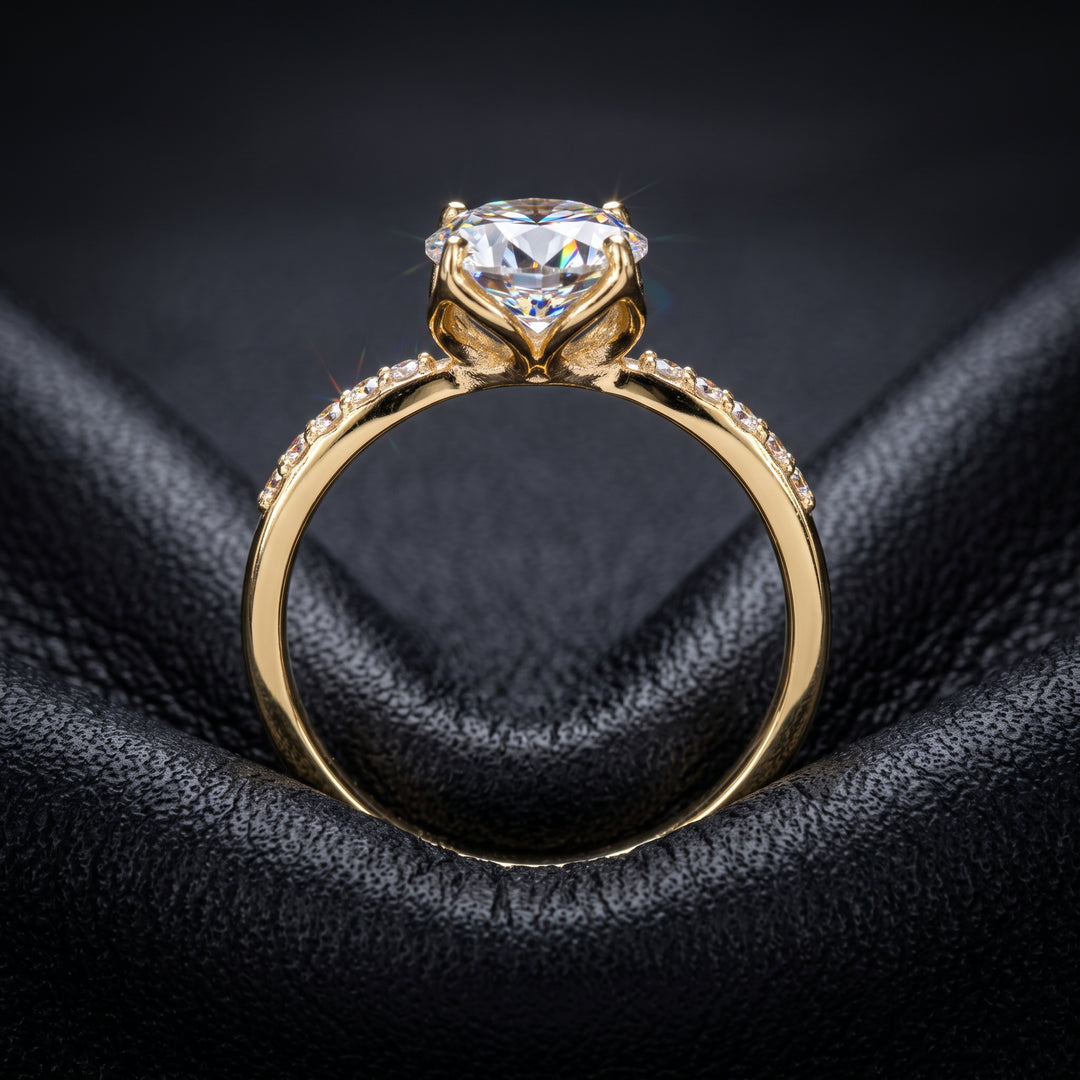 1.67CT round moissanite engagement ring with pave moissanite accents, set in 14K gold.